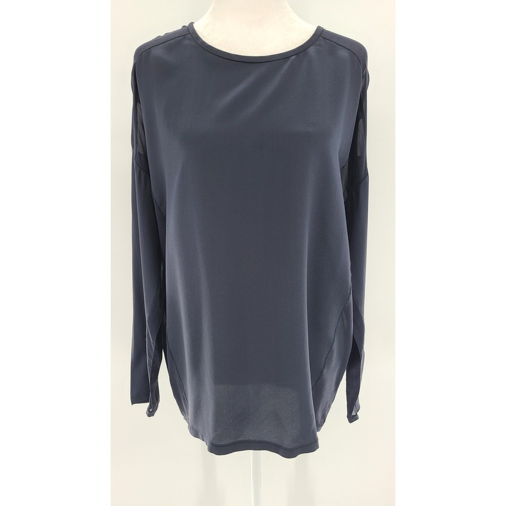 Vince Women's Sheer Panel Silk Blouse Top Sz Small Navy Blue Long Sleeve Office
